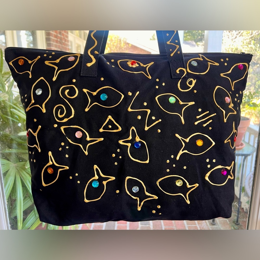 Black Tote Bag with Raised Gold Fish and Colorful Rhinestone Design is Like New